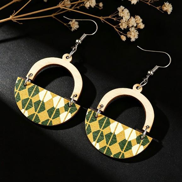 Bohemian Plaid & Stripes Retro Color Round Wood Dangle Earrings