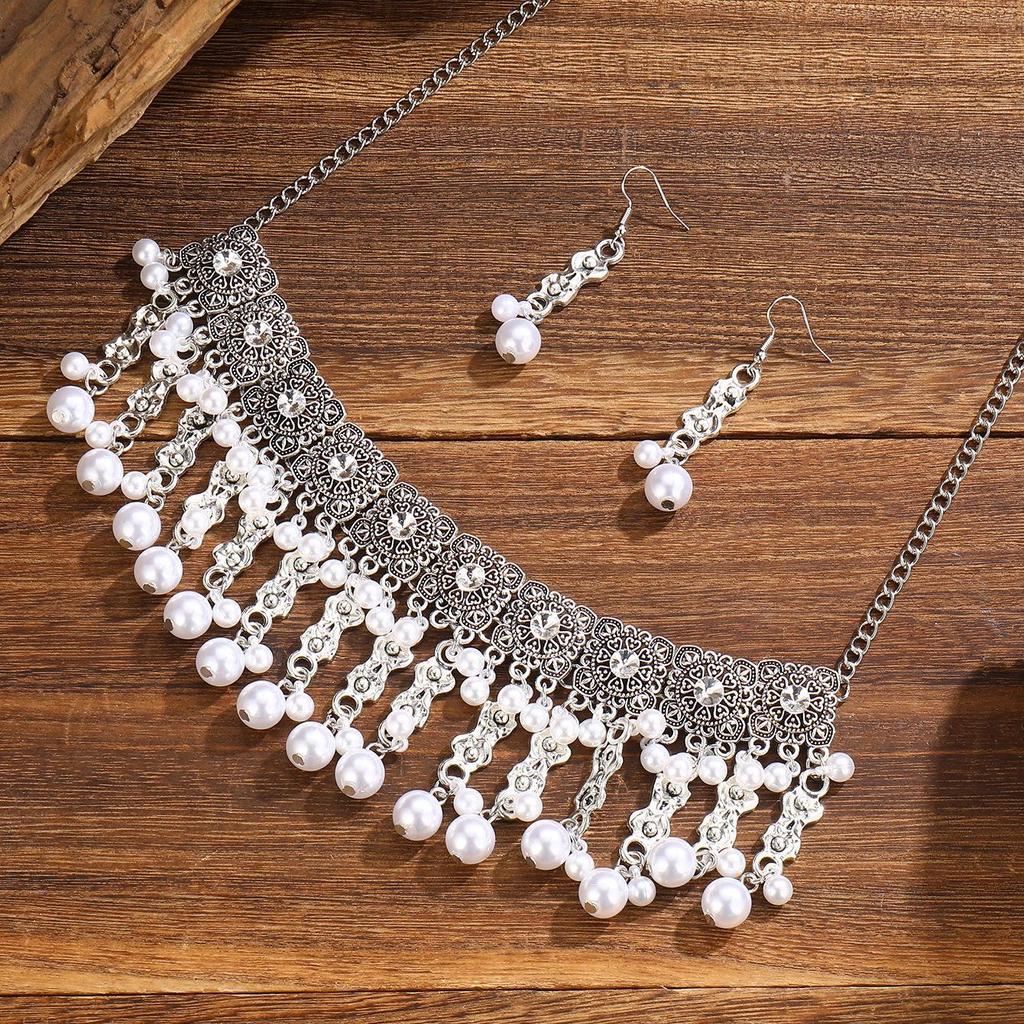 Bohemian Pearl Tassel Necklace & Earring Set in Ethnic Southeast Asian Style
