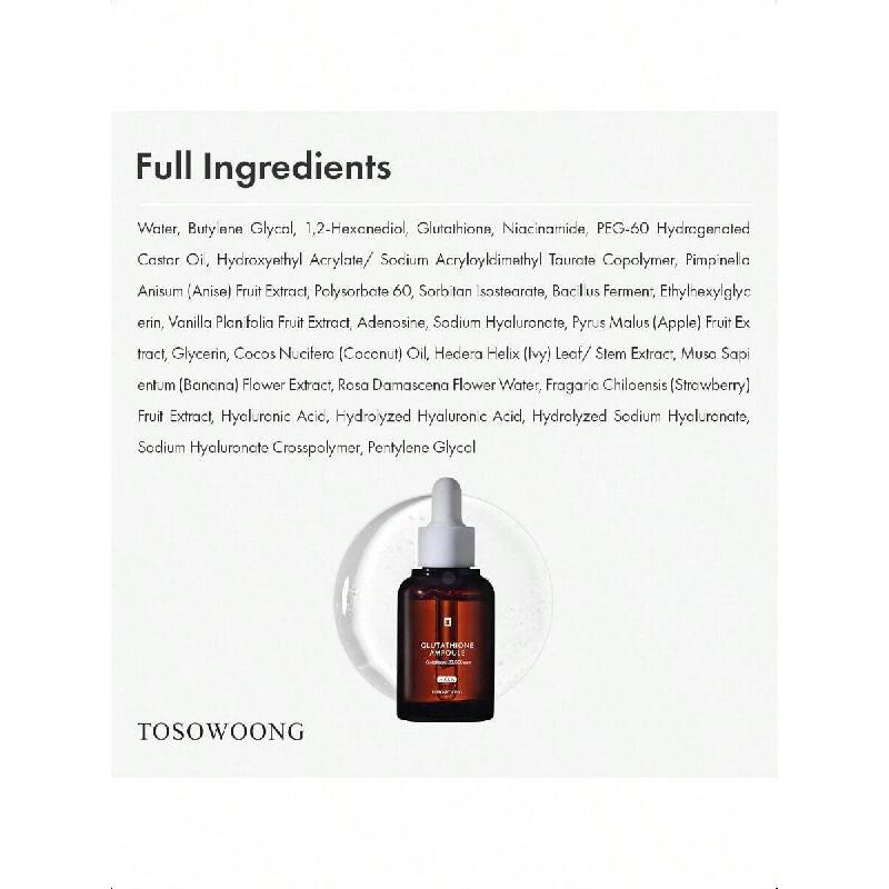 Tosowoong Glutathione Serum 30ml | Potent 20,000ppm Glutathione, Niacinamide & Hyaluronic Acid Blend, Targets Dark Spots, Boosts Skin Elasticity