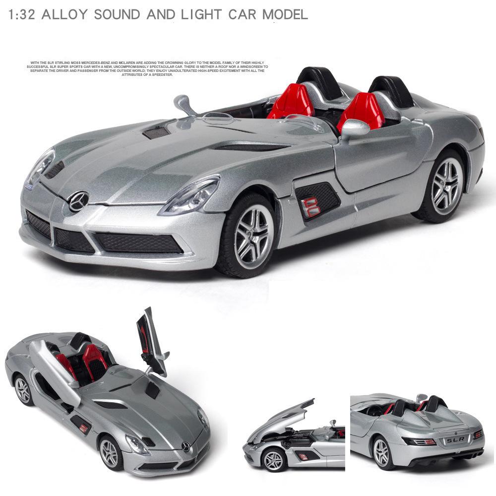 Carro modelo benz slr em escala 1/32, carro de brinquedo fundido em metal com luz e som, veículo esportivo, brinquedos para crianças, presente