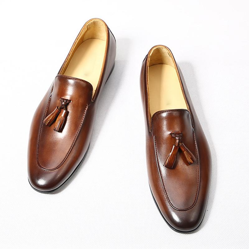 Klassische Herren Mokassins aus echtem Leder mit Fransen, zum Hineinschlüpfen, runde Spitze, bequem, Freizeitschuhe, handgefertigt, Hochzeitskleid, Alltagsschuhe