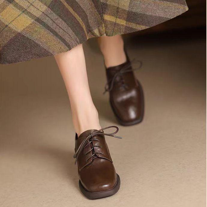 Women's Soft Leather Round Toe Chunky Heel Lace-Up Shoes, British Style, Spring/Autumn 2025