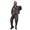 Trendy and cool fashion color matching printing old denim suit autumn dress new loose personality Harlan pants two-piece set