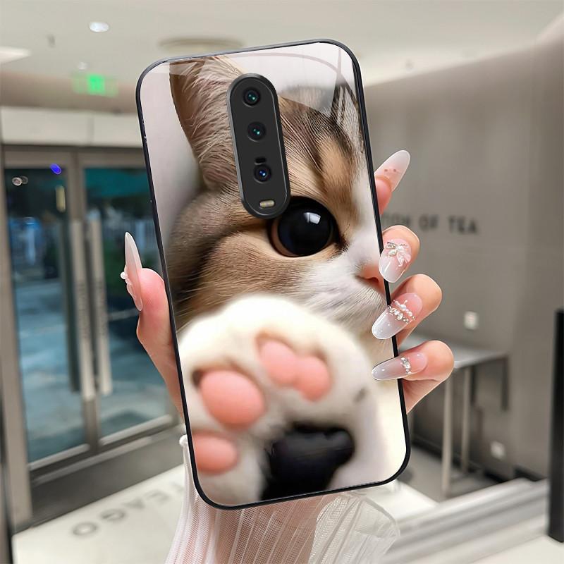 Cute Cartoon Cats Flower Case For Xiaomi Mi 9T Redmi K20 Pro Poco F2 Tempered Glass Phone Case Protective Back Cover Hard Shell