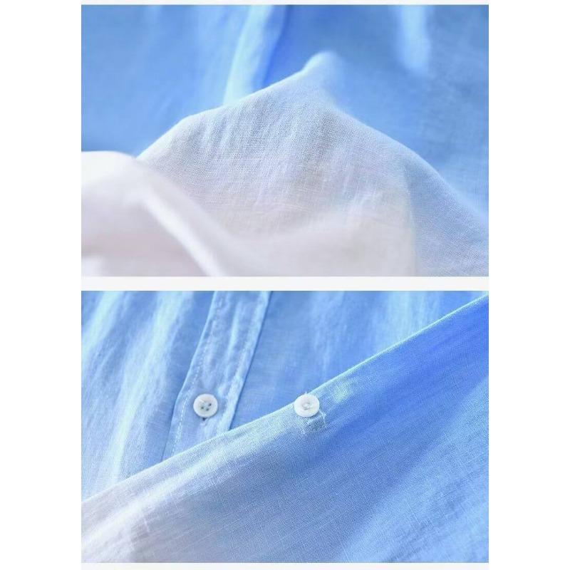 Camicia da uomo a maniche lunghe tie-dye con gradiente blu bianco - Taglia oversize casual in misto lino con bottoni