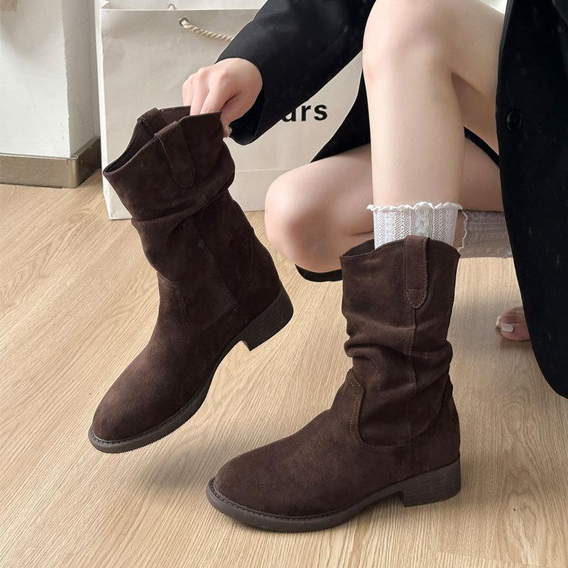 Thick Heel Vintage Wasteland Wind Pile Short Boots Women's New Autumn Western Cowboy Boots Chelsea Skinny Boots
