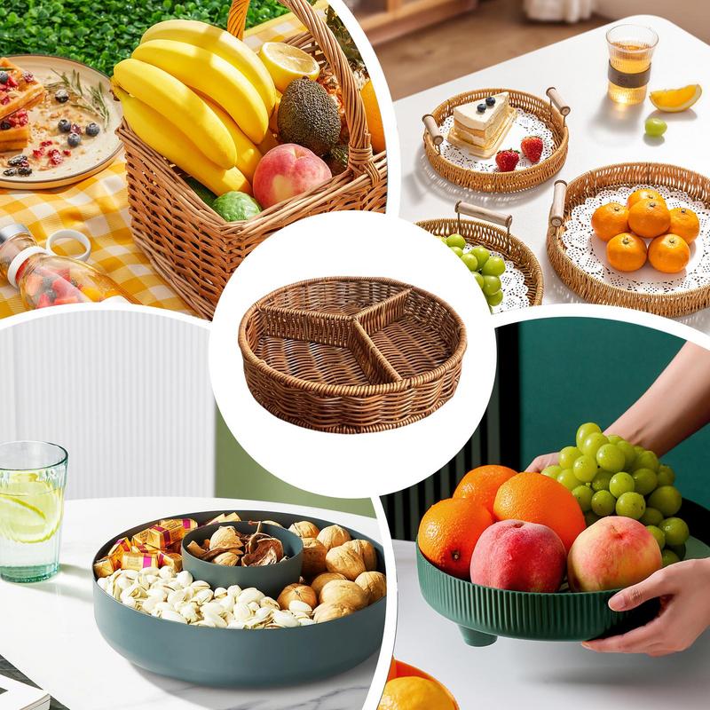 Imitation Rattan Basket Storage Box 3 Grids Round Coffee Table Tray Ingredients Classification Box Living Room Fruit Basket