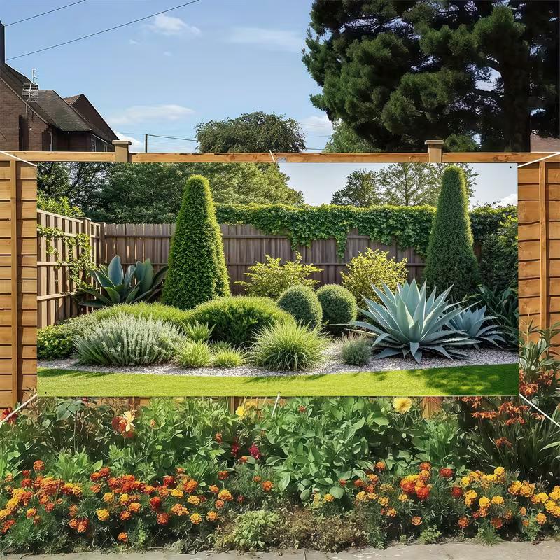 Sunlit Patio Garden Tapestry, Lush Agave Plants & Ivy-Covered Fence Print Wall Hanging