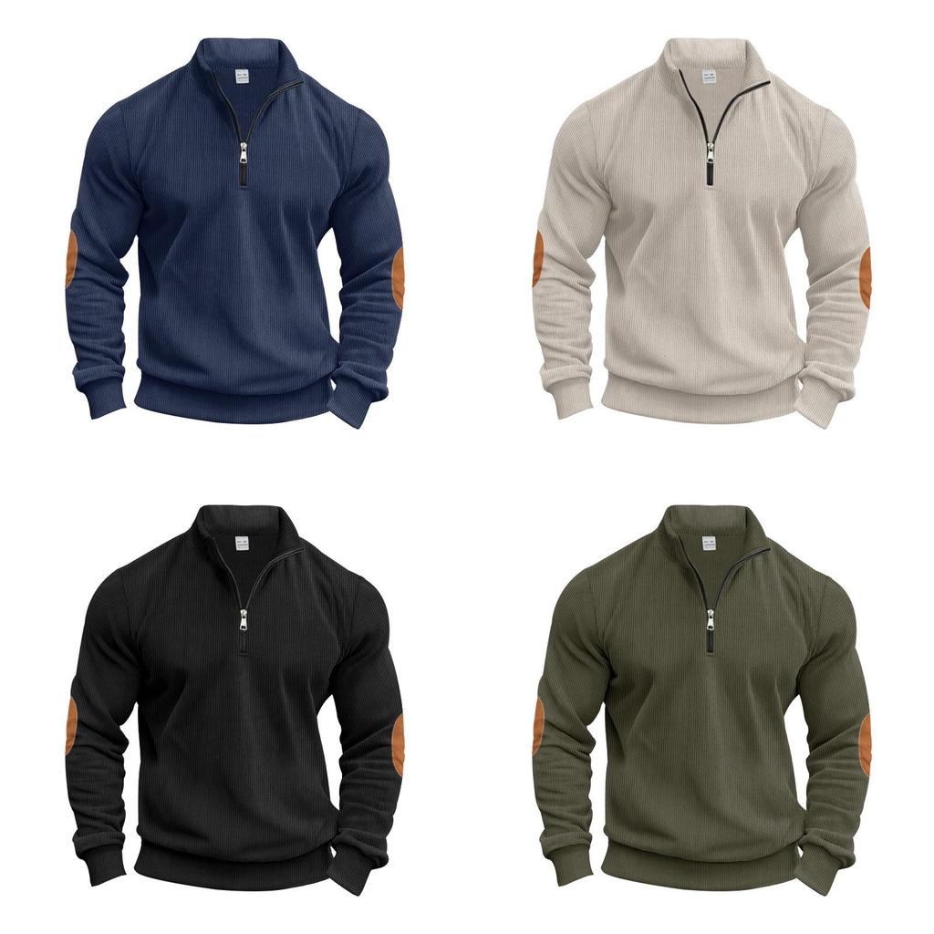 Corduroy Mens Stand Collar Pullover Sweatshirt With Zipper Closure For Casual Fall Wear