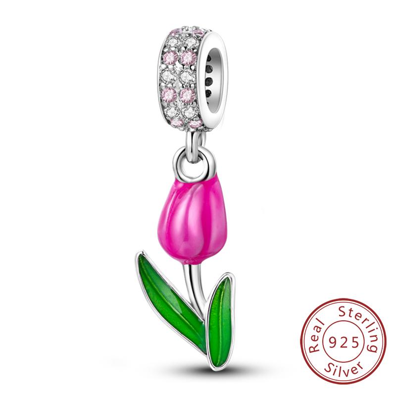 Original Copper Charms Beads Pendant Lotus Tulip Rose Carnation Flower Series Bead Fit Bracelets Women Jewelry Gift