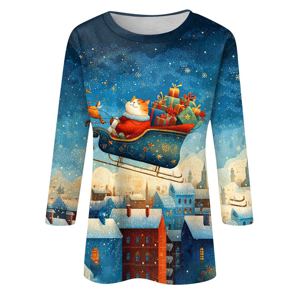 3/4 Sleeve Shirts For Women Print Christmas Tees Blouses Casual Plus Size Basic Tops Pullover