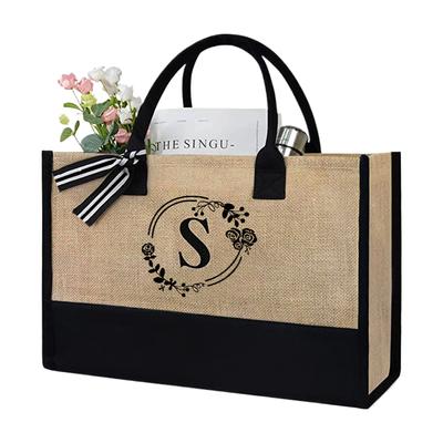 Women Jute Tote Bag Summer Beach Bag with Letter Personalized Tote Bag Stylish Commuting Bag for Teachers Friends Bridesmaids