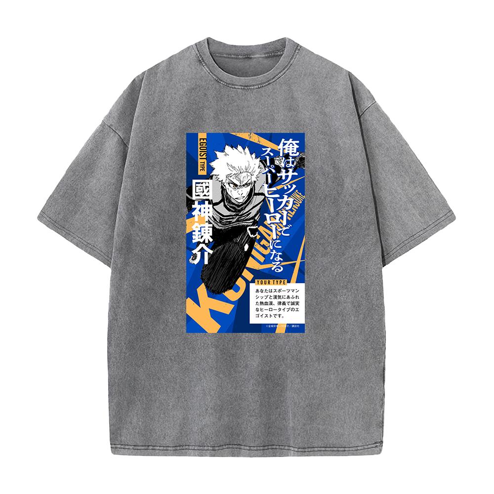 Anime Blue Lock Rensuke Kunigami Cool Graphic Washed Tshirt Men Manga T-shirts Casual Tee Harajuku Male Cotton Vintage T Shirt