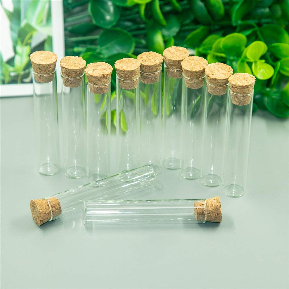 Diese Packung enthält 100 klare Glas-Reagenzgläser mit Korkstopfen, 4 ml Inhalt, Maße 12 x 60 mm.