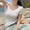 Trendy Women's V-Neck Bow Embroidery Slim-Fit Short-Sleeved T-Shirt