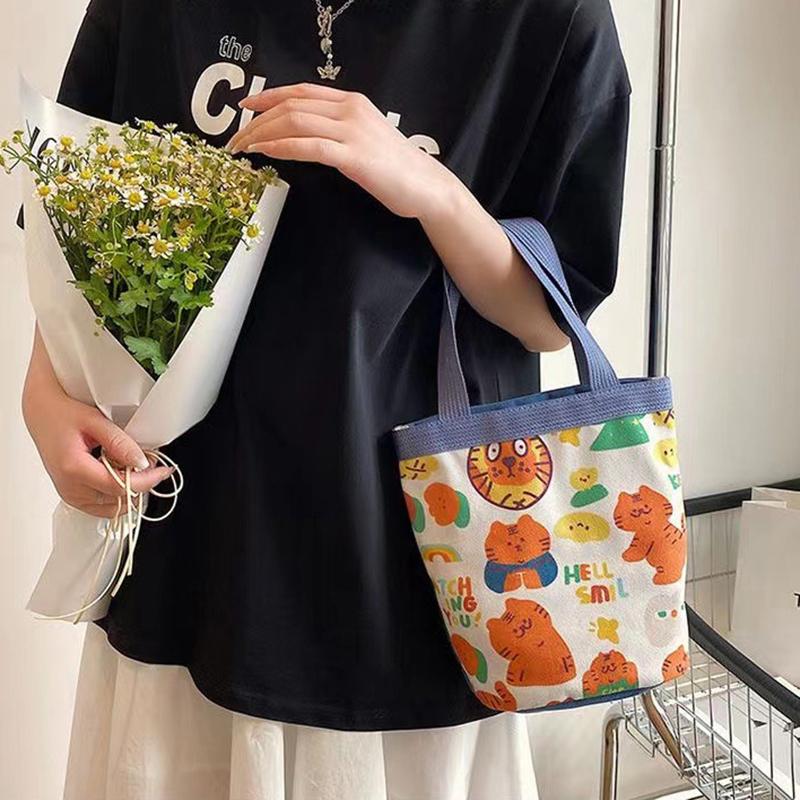 Geantă Găleată Graffiti cu Model Animal Drăguț Portabilă Geantă Cilindrică cu Inscripție Ins Geantă Canvas pentru Bento Geantă de Mână pentru Cutia de Prânz