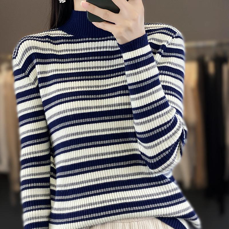 

Autumn and winter new women s knitted sweater striped sweater women s semi-turtleneck contrasting bottoming shirt women s batch S