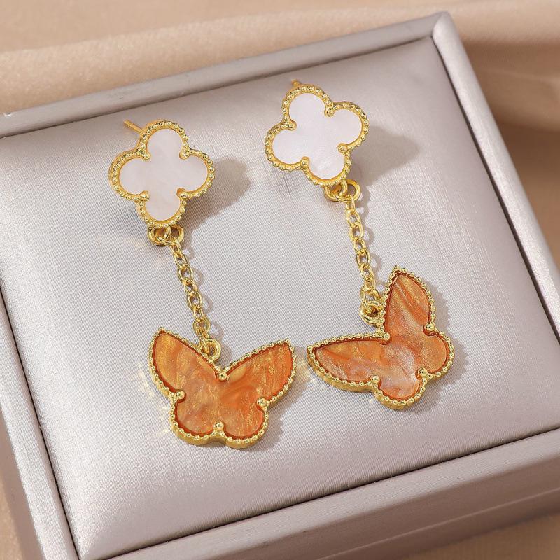 Luxurious Four-Leaf Clover & Tiger's Eye Butterfly Earrings for Women