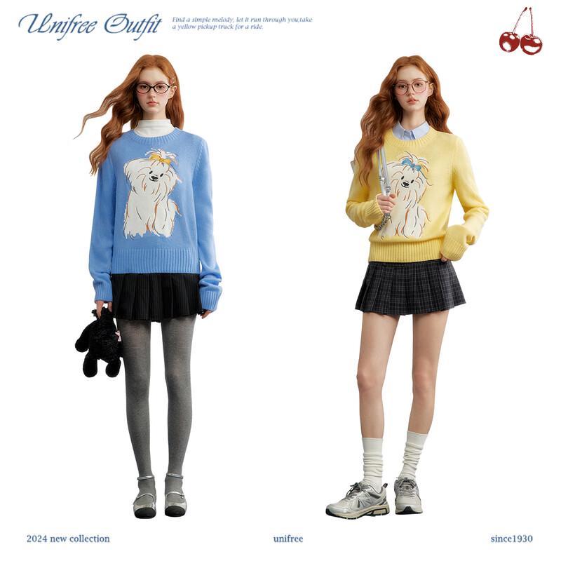 UNIFREE Cute Puppy Jacquard Pullover Sweater