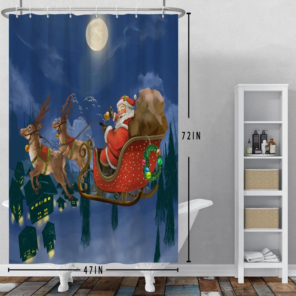 ~O~Full Night Moon Christmas Scene Shower Curtain Santa Claus Elk Deer Bathroom Partition Waterproof Hanging Curtain With Hooks