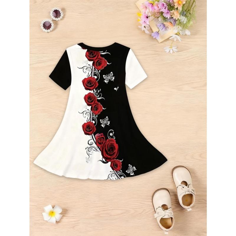 This Summer 3D Printed Short-sleeved Dress for Girls Features A Round Neck,