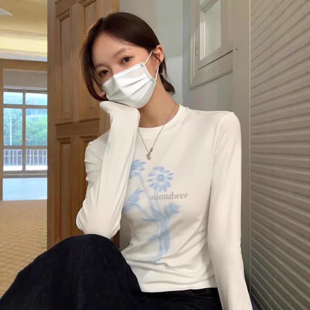 

Женский осенне-зимний пуловер с длинным рукавом, круглым вырезом, облегающего кроя, базовый, с цветочным принтом, футболка-топ для многослойности S