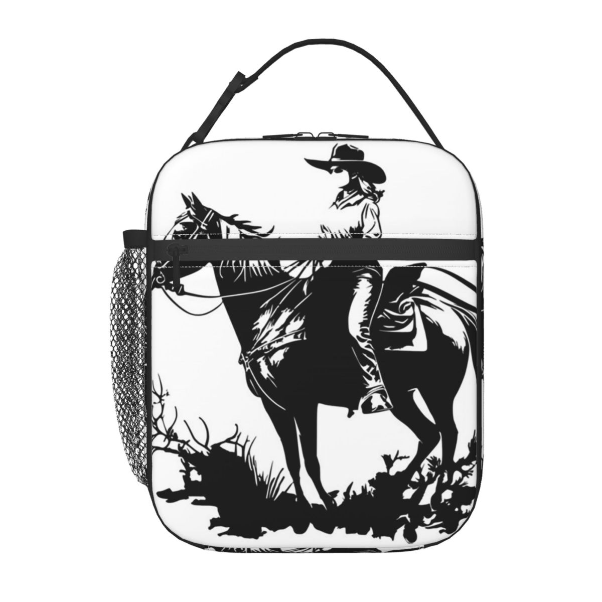 

Black And White Western Cowgirl Riding A Horse Insulated Lunch Bag for Children Leakproof Food Boxes Thermal Lunch Box Tote One Size