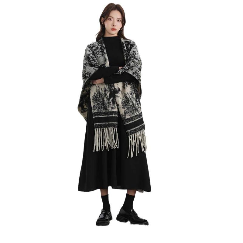 Ink painting Double-sided thickened shawl with women's autumn and winter retro high-end warm cape, scarf, large cape