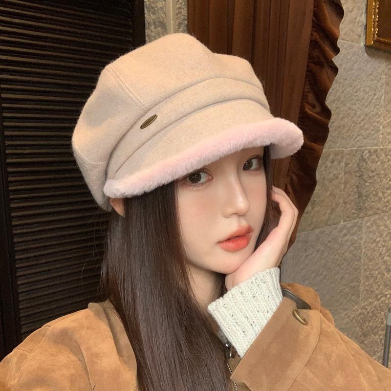 

Cold hat beret women s fashion Korean version versatile duck tongue newsboy hat shows small face and velvet warm painter hat tide