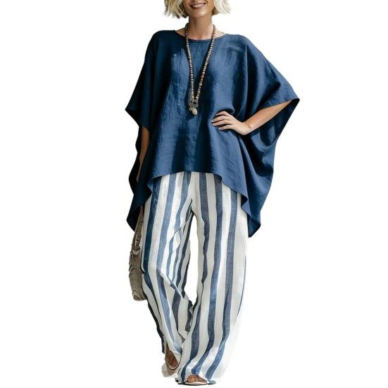 Women T-shirt Pants Two Piece Set Summer O-Neck Short Batwing Sleeves Shirt Striped Trousers Loose Casual Top Pants Suit