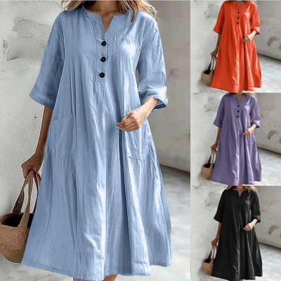 Women's Dress Women's Mid-length V-neck Half-sleeved Cotton and Linen Loose Three-button Pocket Dress