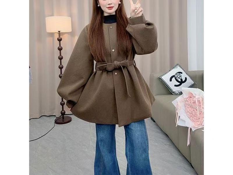 Black Round Neck Woolen Coat for Petite Women - Winter Style with Lantern Sleeves and Fitted Waist