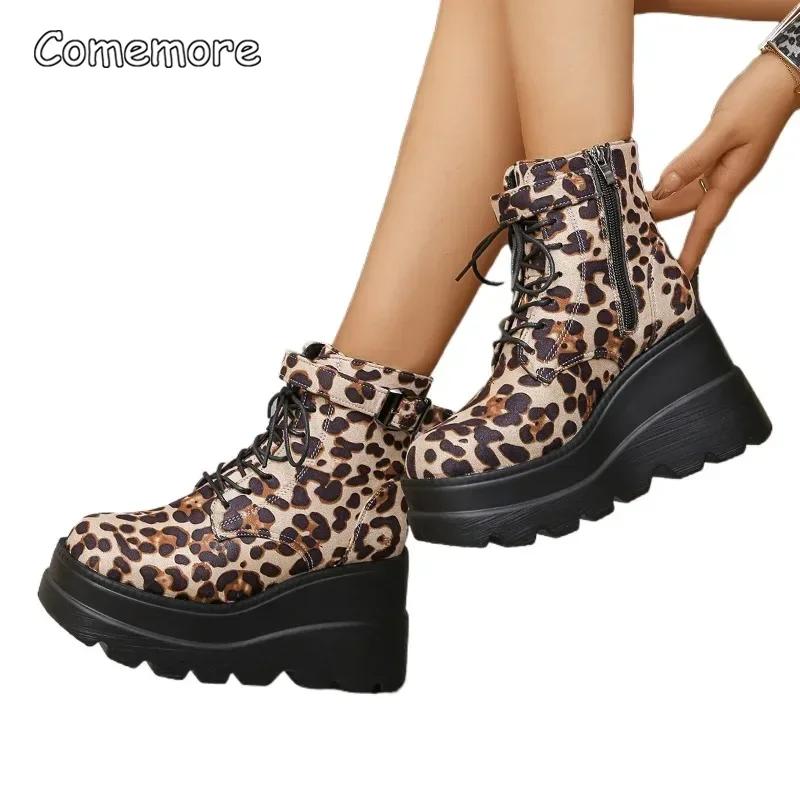Fashion Women's Shoes 2025 Plus Size Ankle Women's Boots Platform Modern Boots Women Leopard Side Zip Front Lace-up Wedges Shoes Women