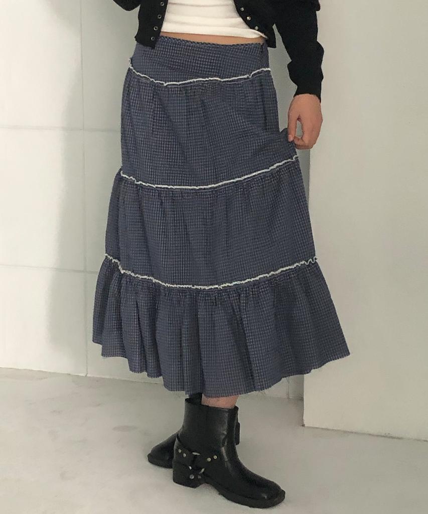 Chix Check Tiered Long Skirt Navy