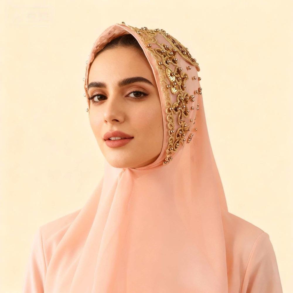 Gold Beads Pearl Chiffon Hijab Scarf Silk Sequin Wraps Shawl Headwraps Islamic Turban  Female