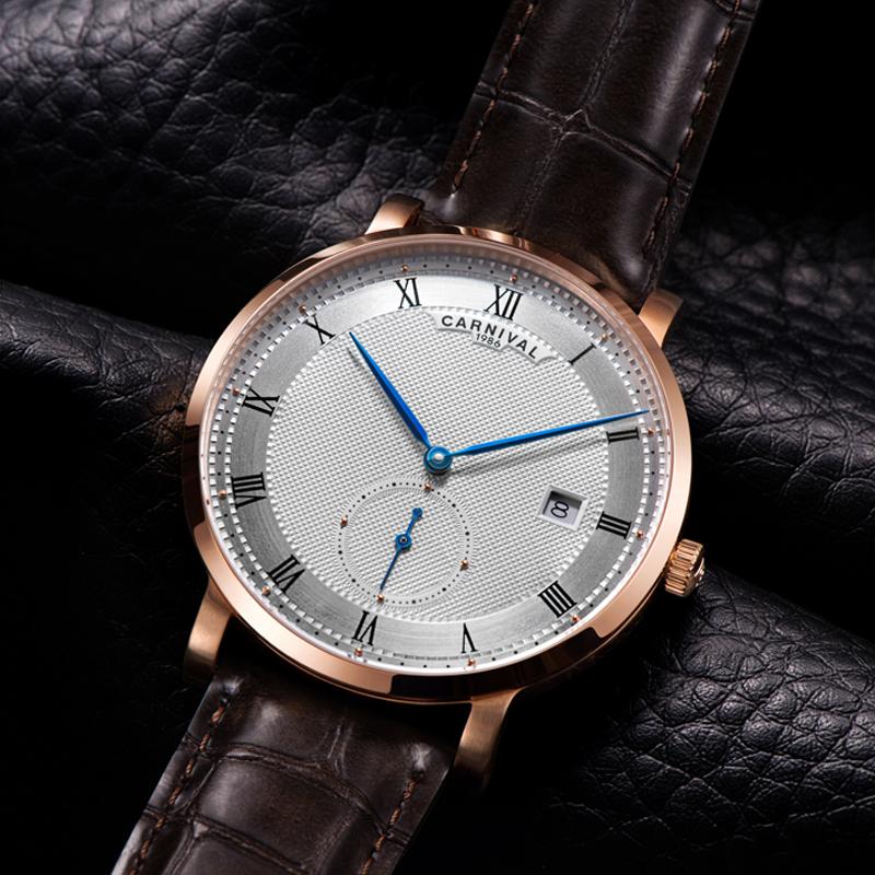 CARNIVAL Luxury Sport Automatic Mechanical Watch Unique 60 Second Design Waterproof Men Watch Leather Strap