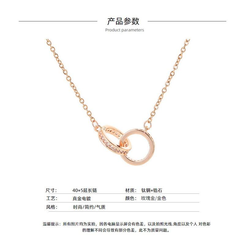 Korean Style Double Ring Full Diamond Titanium Steel Necklace Women Clavicle Chain