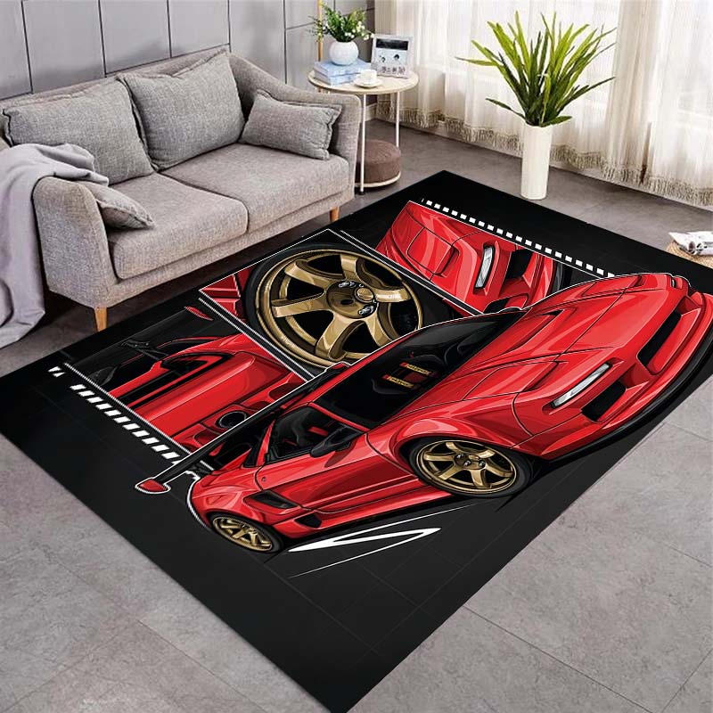 Red JDM Sport Car Comic Strip Frame Print Area Rug Non‑Slip Rectangular Floor Mat Car Fan Decor for Gaming Room Living Bedroom