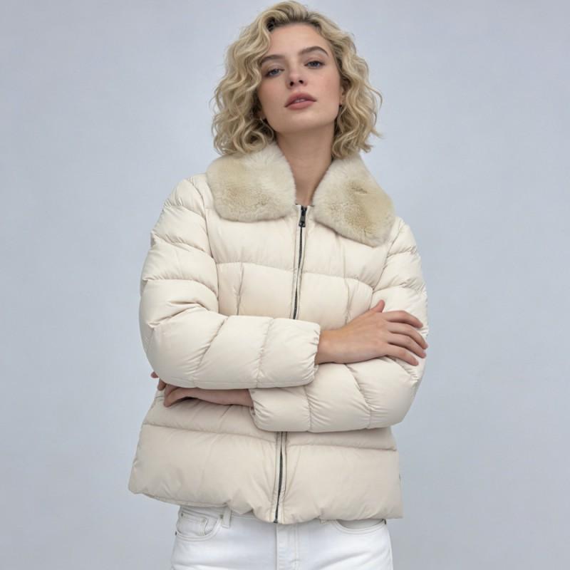 Womens Short Down Jacket With Rabbit Fur Collar Slim Fit Winter Warm Puffer Coat Casual Office Style