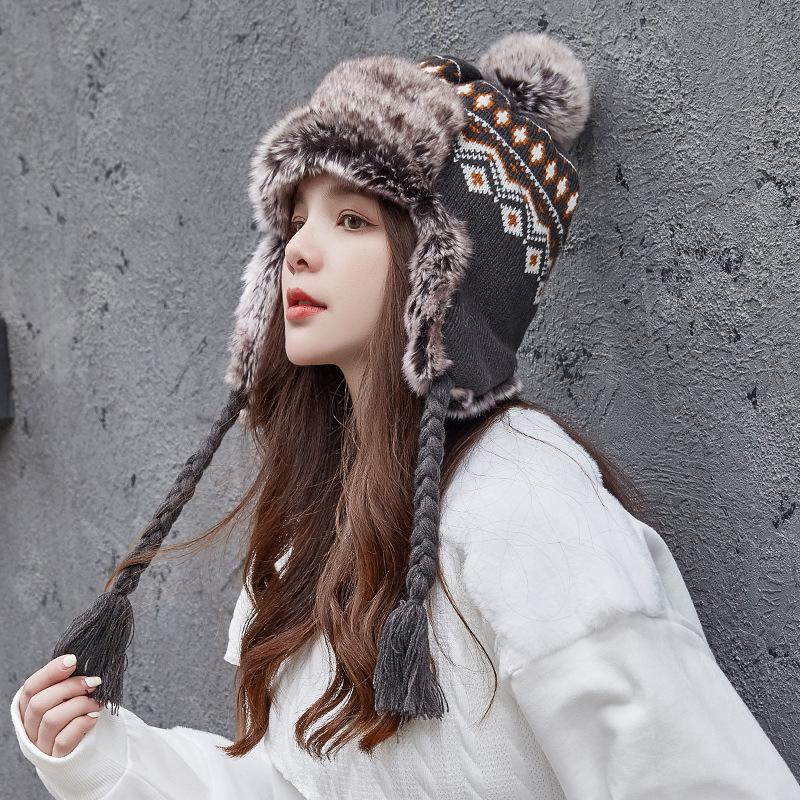 Retro thickened warm rhombus ear protection hat ins windproof Lei Feng hat personalized niche knitted hat female flying hat