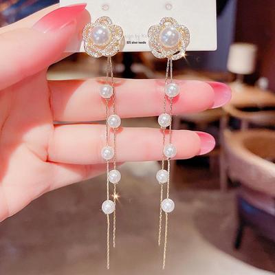 925 Silver Korean Hollow Flower Pearl Earrings with Rhinestone Floral Tassel Studs