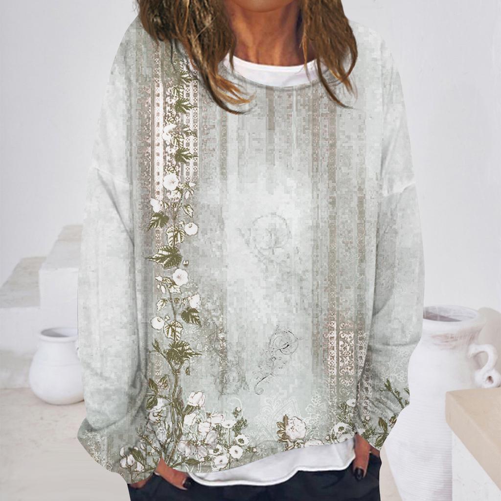 Women's Casual Fashion Vintage Printed Long Sleeve O-Neck Sweatshirt Layer Pullover Top