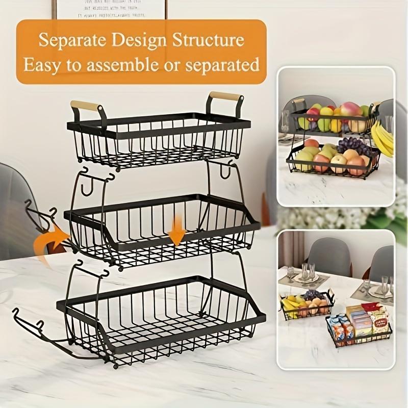 3-Tier countertop fruit basket with 2 banana hooks, removable metal device, wooden handle, can hold vegetables and fruits, black
