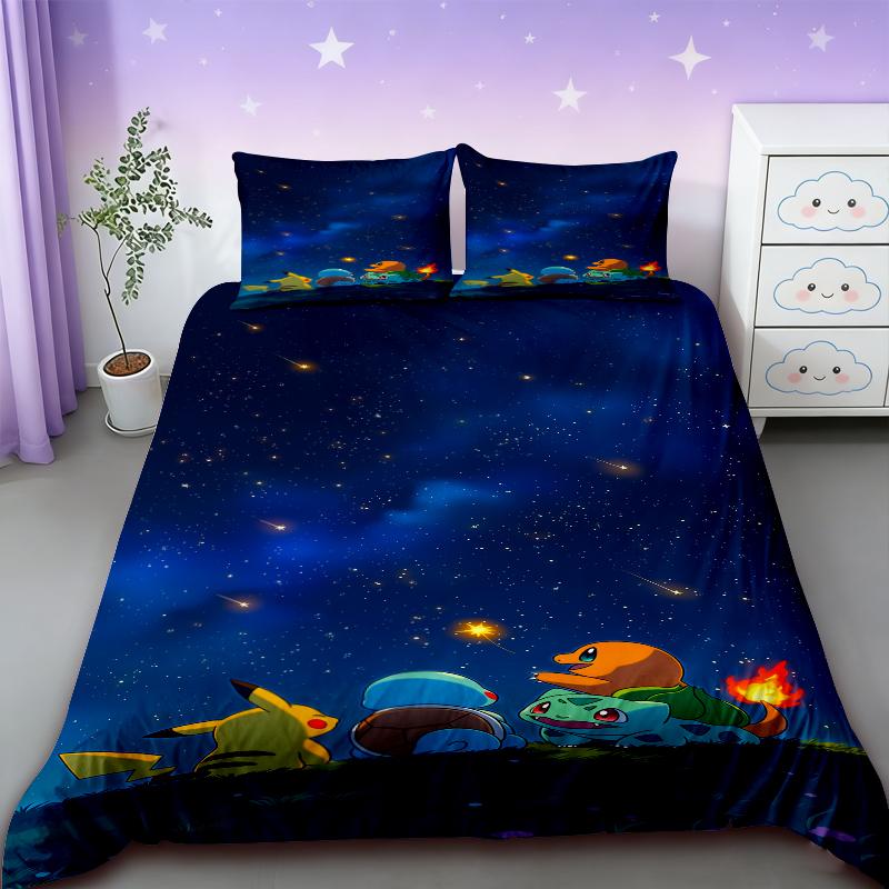Pikachu Bedding Set Cartoon Anime Children Bedroom Quilt Cover Boy Girl Bedclothes Single Double King Pikachu Duvet Cover Gift