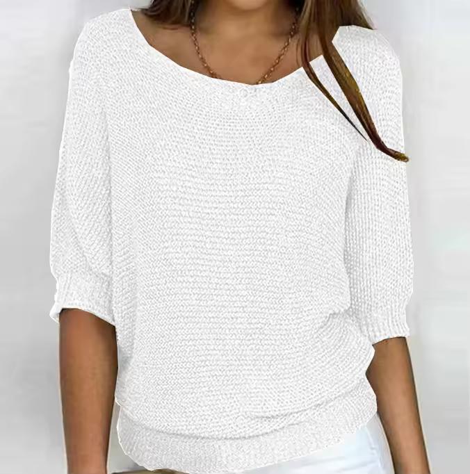 Spring Women's Sweater Pullover Temperament Commuting Tops Solid Color Round Neck Three Quarter Sleeve Knitted Sweater Top