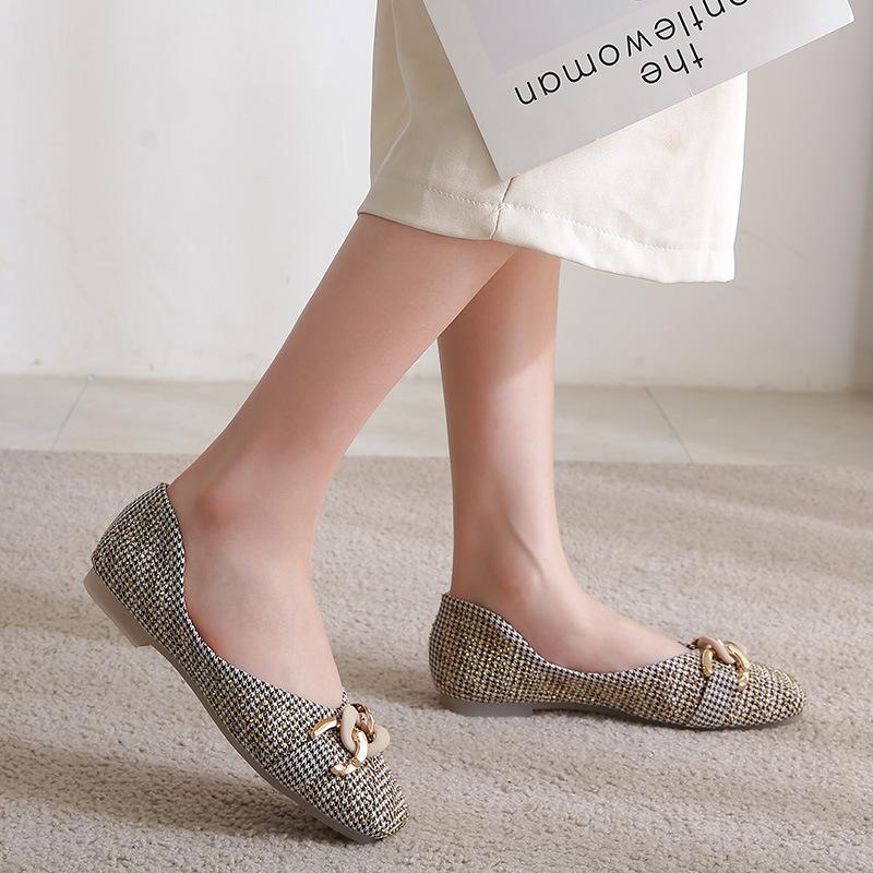 Square Toe Single Shoes Women's  Spring New Outer Wear Scoop Shoes Women's Metal Buckle Slip-on Peas Shoes Women's Large Size 43