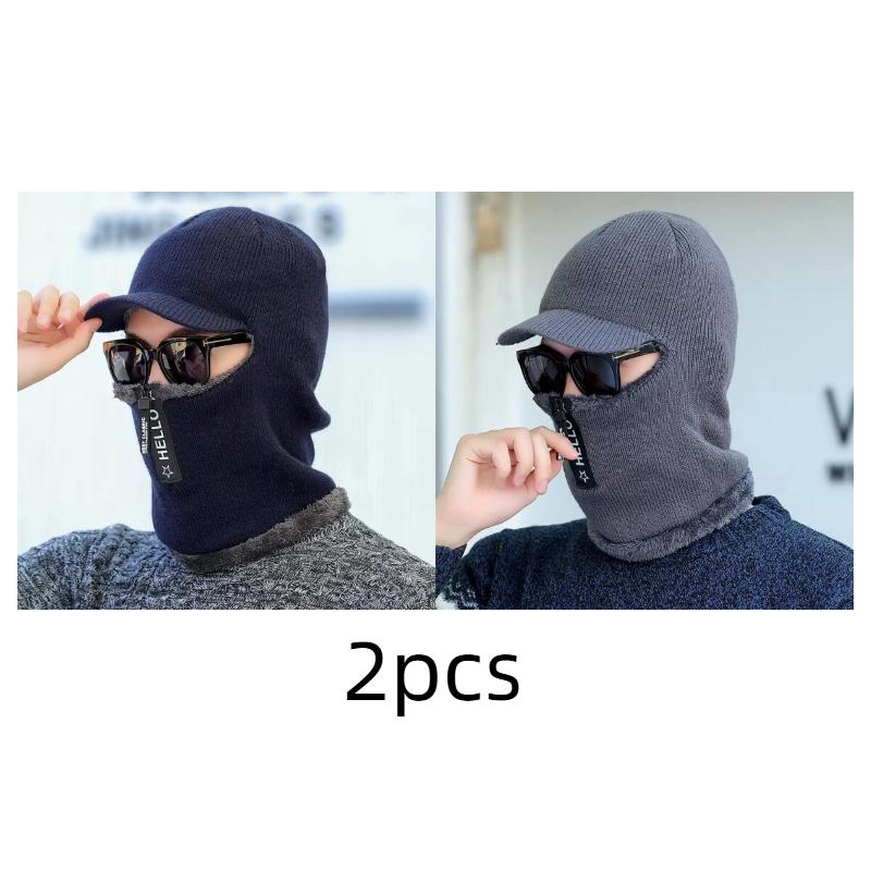 Thicken Warm Visor Beanies Hats For Men Ear Face Mask Neckwarmer Cap Men's Winter Plush Balaclava Lined Knitted Hat With Zipper