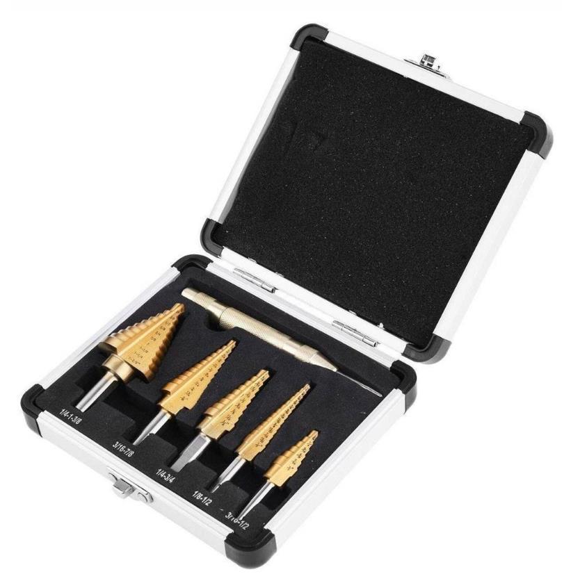 5-Piece Hole Expansion Pagoda Drill Bit Set for Steel Plate Punching with Yellow Triangle Ladder Drill In Aluminum Box.