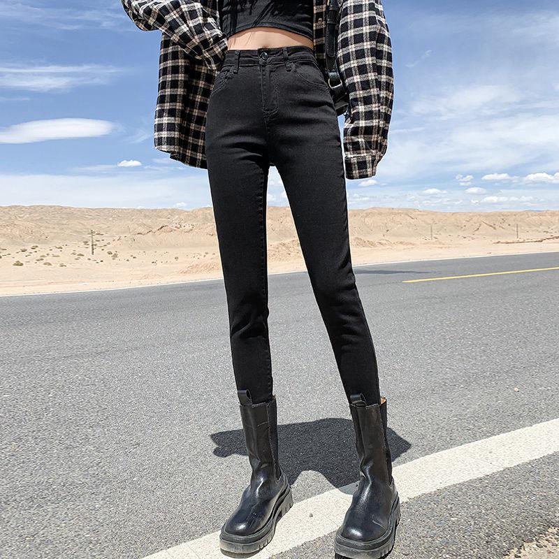 Women's Plus Velvet Slimming Stretchy Pencil Jeans - Skinny Fit, Tall-Looking, Versatile for Autumn/Winter 2021