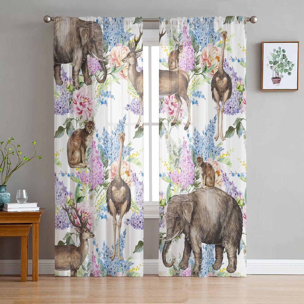 Elefant und Schmetterling Vintage Transparente Vorhänge für Wohnzimmer Voile Vorhang Schlafzimmer Badezimmer Tüllvorhänge Fenstervorhänge